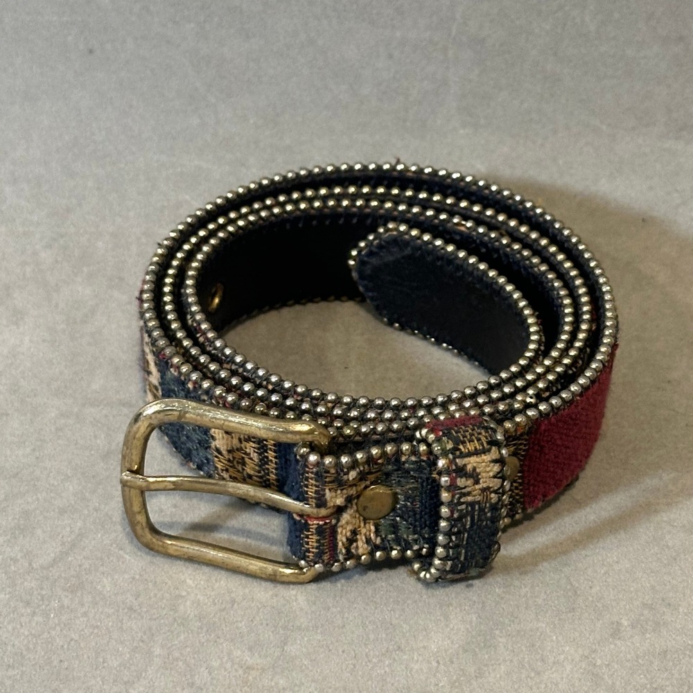 Vintage Tapestry Woven Belt Ball Chain Trim Burgundy Navy Gold Buckle USA‎ ML